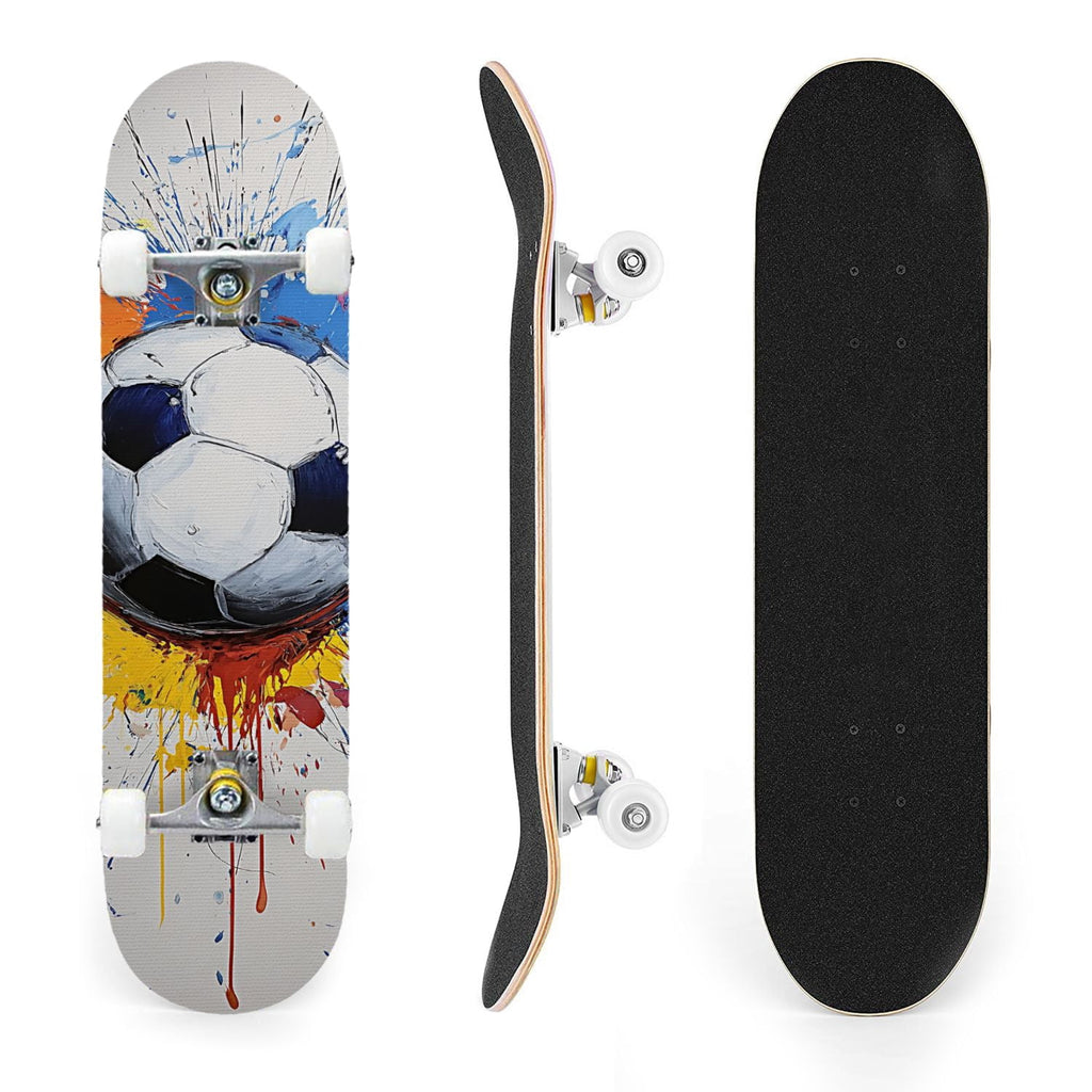 31"x8" Complete Skateboards for Beginners,Abstract Soccer Ball Vibrant Paint Splashes Drips Double Kick 7 Ply Canadian Maple Deck Skateboard with Wheels, Sports Gifts for Kids Teens