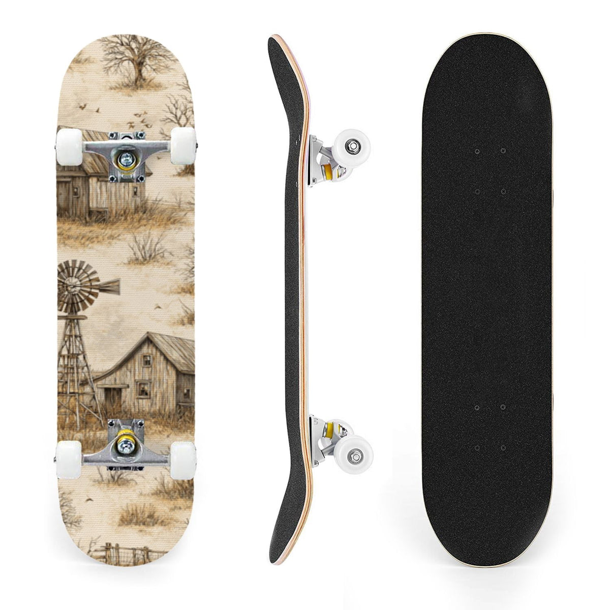 31"x8" Complete Skateboards for Beginners,Barn Windmill Artwork Rustic Barn Wood Farm Windmill Double Kick 7 Ply Canadian Maple Deck Skateboard with Wheels, Gifts for Kids Teens