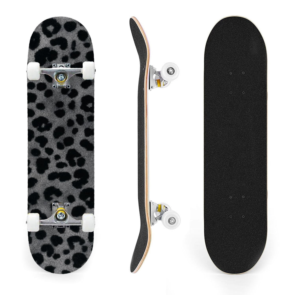 31"x8" Complete Skateboards for Beginners,Black Leopard Print Grey Double Kick 7 Ply Canadian Maple Deck Skateboard with Wheels, Gifts for Kids Teens