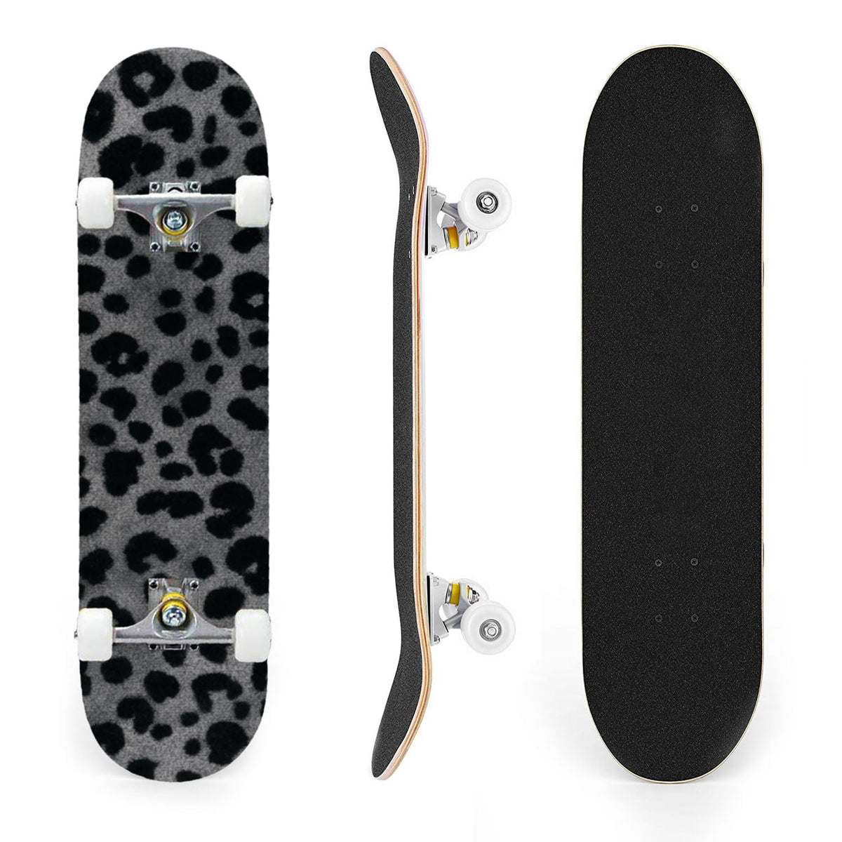 31"x8" Complete Skateboards for Beginners,Black Leopard Print Grey Double Kick 7 Ply Canadian Maple Deck Skateboard with Wheels, Gifts for Kids Teens