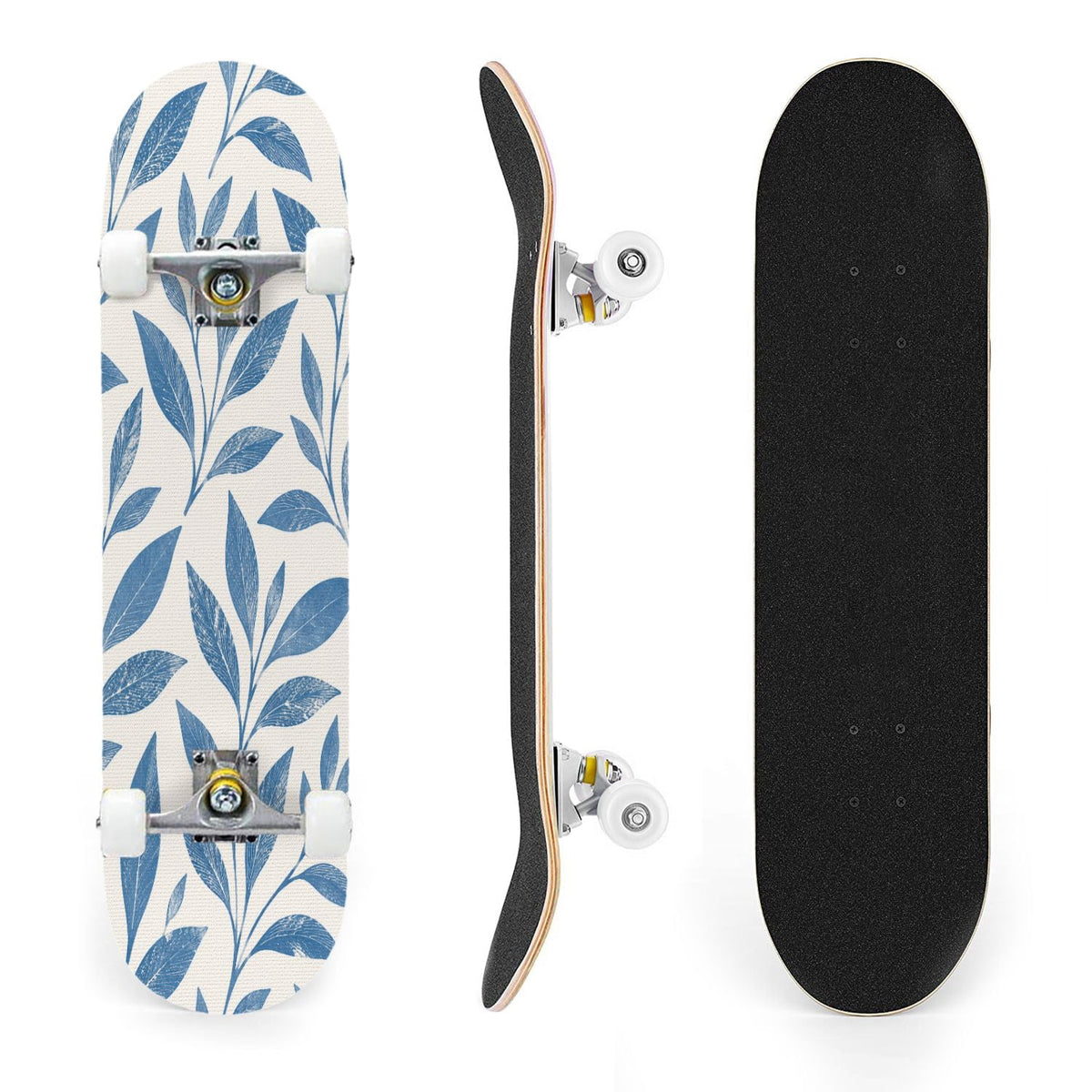 31"x8" Complete Skateboards for Beginners,Blue Botanical Leaf White Double Kick 7 Ply Canadian Maple Deck Skateboard with Wheels, Gifts for Kids Teens