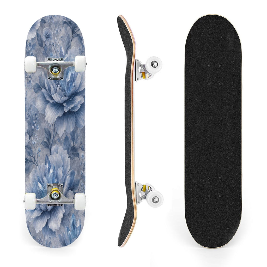 31"x8" Complete Skateboards for Beginners,Blue Flowers Crystals Seamless Watercolor Double Kick 7 Ply Canadian Maple Deck Skateboard with Wheels, Gifts for Kids Teens