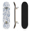 31"x8" Complete Skateboards for Beginners,Blue White Toile Rabbits Birds Floral Motifs Double Kick 7 Ply Canadian Maple Deck Skateboard with Wheels, Gifts for Kids Teens