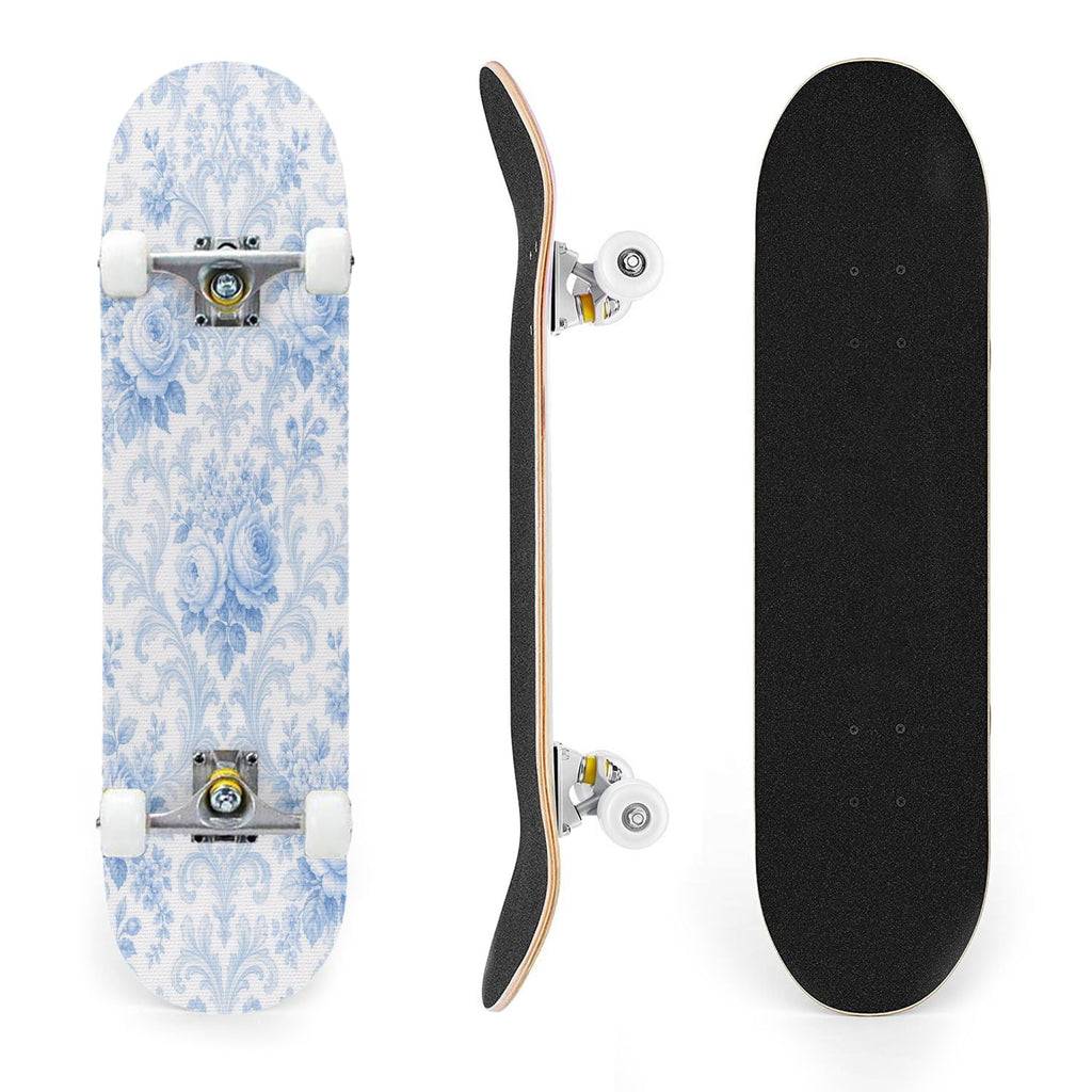31"x8" Complete Skateboards for Beginners,Blue White Vintage Floral Roses Ornate Swirls Double Kick 7 Ply Canadian Maple Deck Skateboard with Wheels, Gifts for Kids Teens