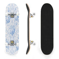 31"x8" Complete Skateboards for Beginners,Blue White Vintage Floral Roses Ornate Swirls Double Kick 7 Ply Canadian Maple Deck Skateboard with Wheels, Gifts for Kids Teens