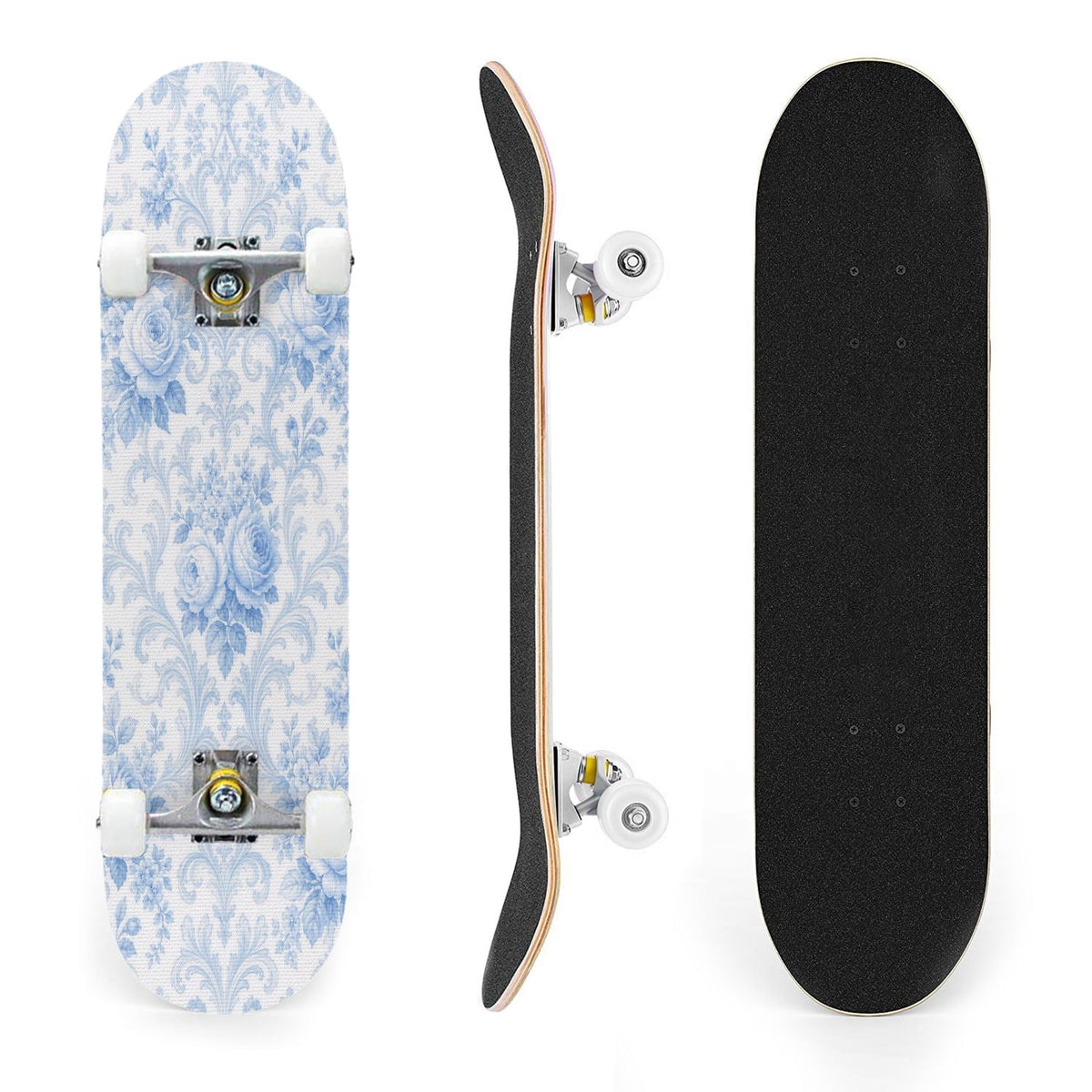 31"x8" Complete Skateboards for Beginners,Blue White Vintage Floral Roses Ornate Swirls Double Kick 7 Ply Canadian Maple Deck Skateboard with Wheels, Gifts for Kids Teens