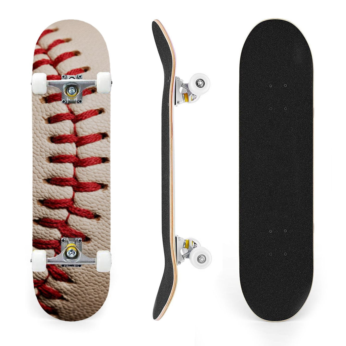 31"x8" Complete Skateboards for Beginners,Close up Baseball Red Stitches Leather Double Kick 7 Ply Canadian Maple Deck Skateboard with Wheels, Sports Gifts for Kids Teens