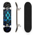 31"x8" Complete Skateboards for Beginners, Abstract Black Hexagon Honeycomb Glowing Blue Neon Geometric Double Kick 7 Ply Canadian Maple Deck Skateboard with Wheels, Gifts for Kids Teens