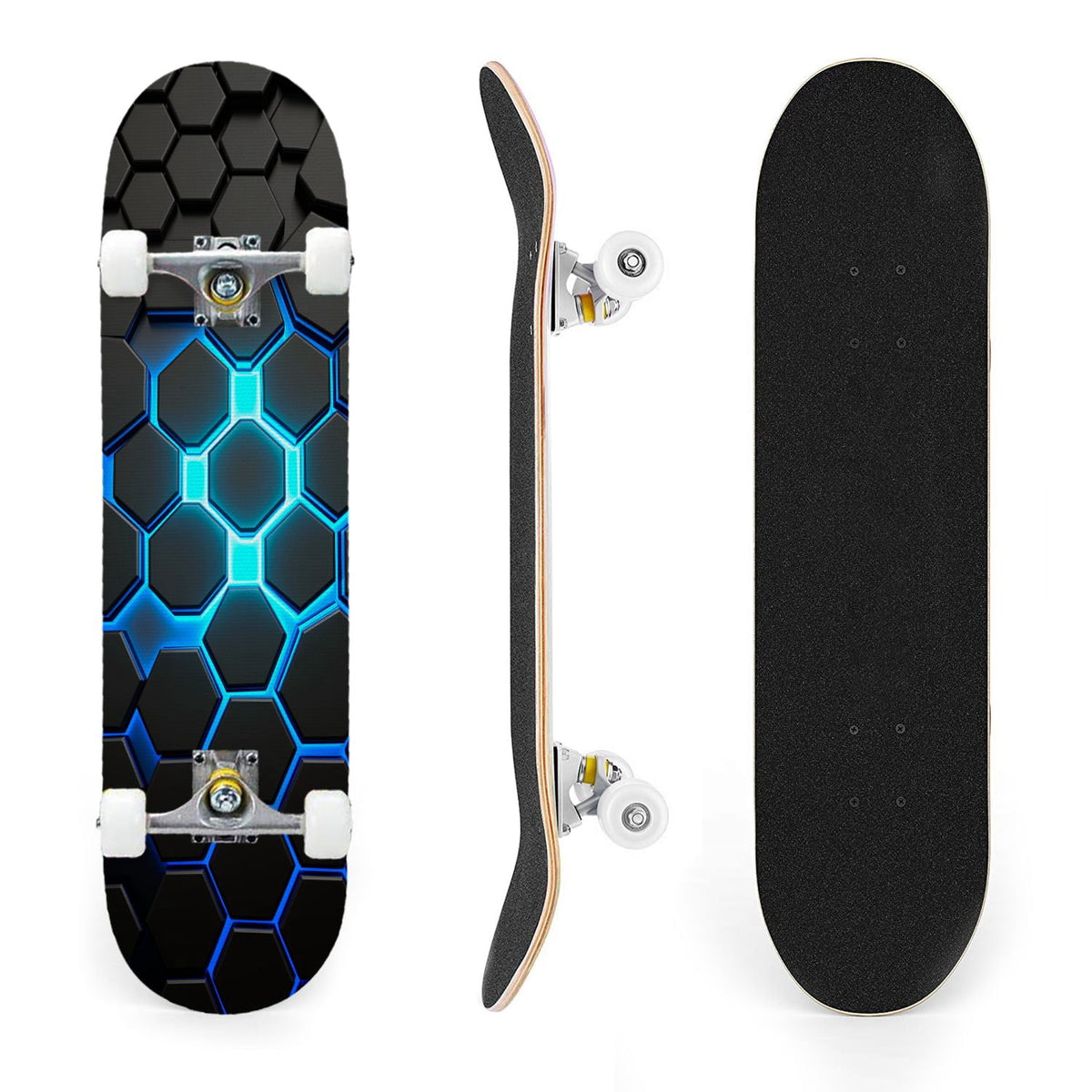 31"x8" Complete Skateboards for Beginners, Abstract Black Hexagon Honeycomb Glowing Blue Neon Geometric Double Kick 7 Ply Canadian Maple Deck Skateboard with Wheels, Gifts for Kids Teens