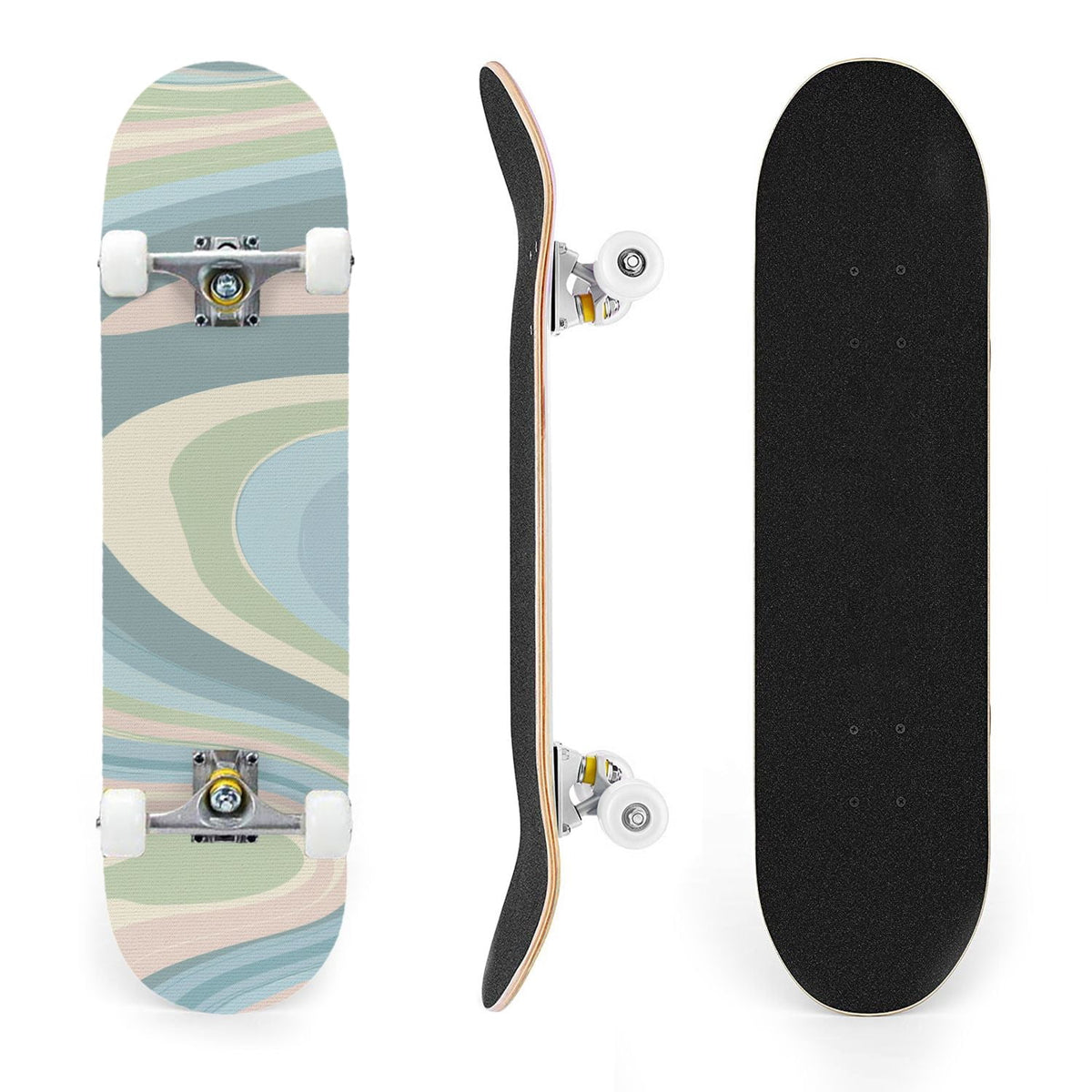 31"x8" Complete Skateboards for Beginners, Abstract Pastel Swirl Soft Earthy Tones Double Kick 7 Ply Canadian Maple Deck Skateboard with Wheels, Gifts for Kids Teens