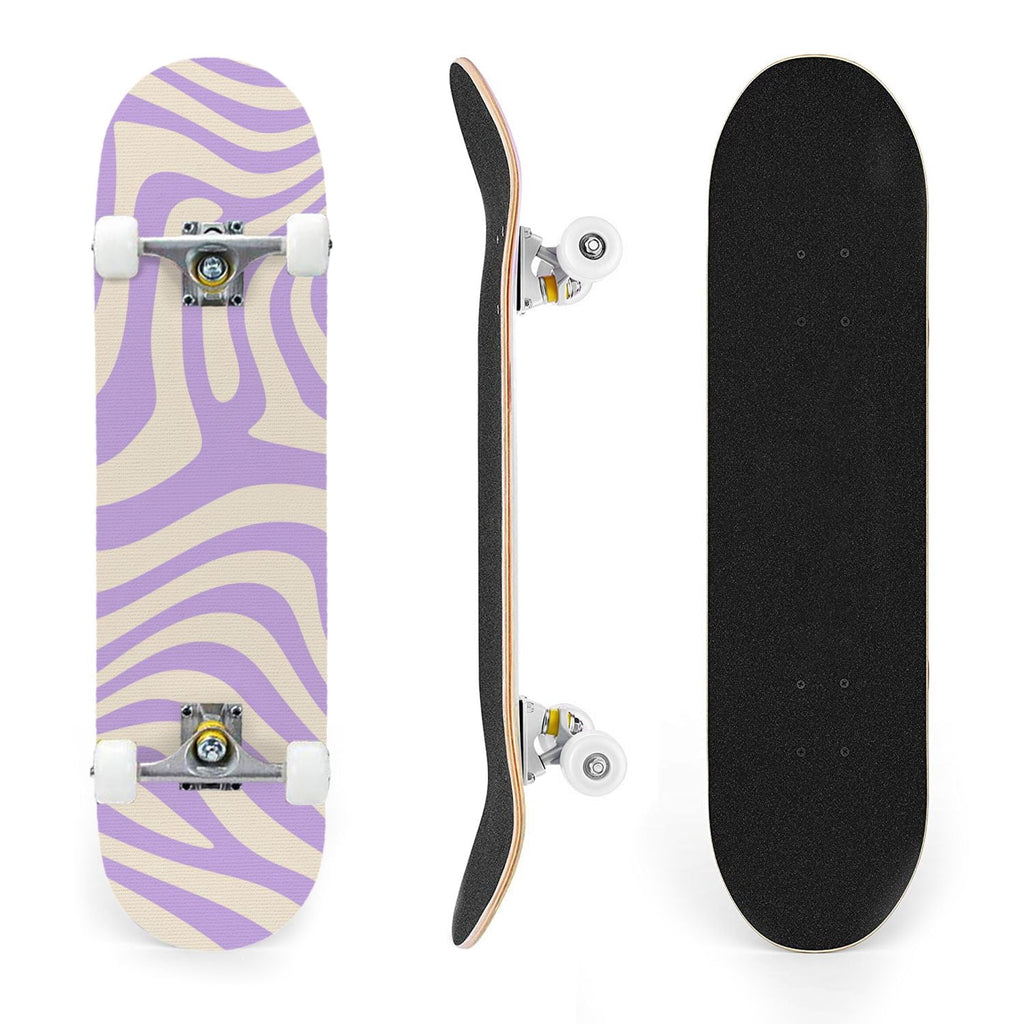 31"x8" Complete Skateboards for Beginners, Abstract Wavy Purple Beige Zebra Design Double Kick 7 Ply Canadian Maple Deck Skateboard with Wheels, Gifts for Kids Teens