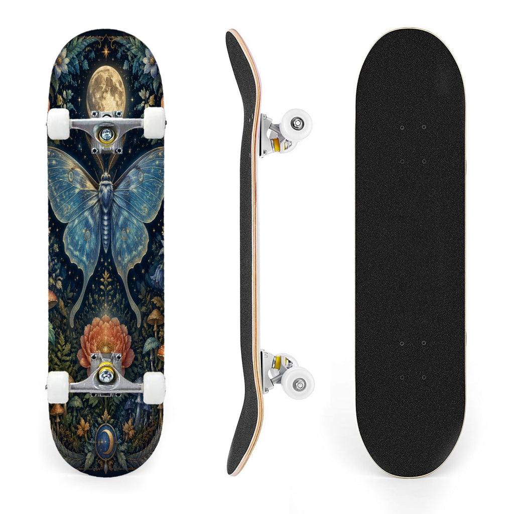 31"x8" Complete Skateboards for Beginners, Blue Moth Moonlight Flowers Mushrooms Forest Double Kick 7 Ply Canadian Maple Deck Skateboard with Wheels, Gifts for Kids Teens