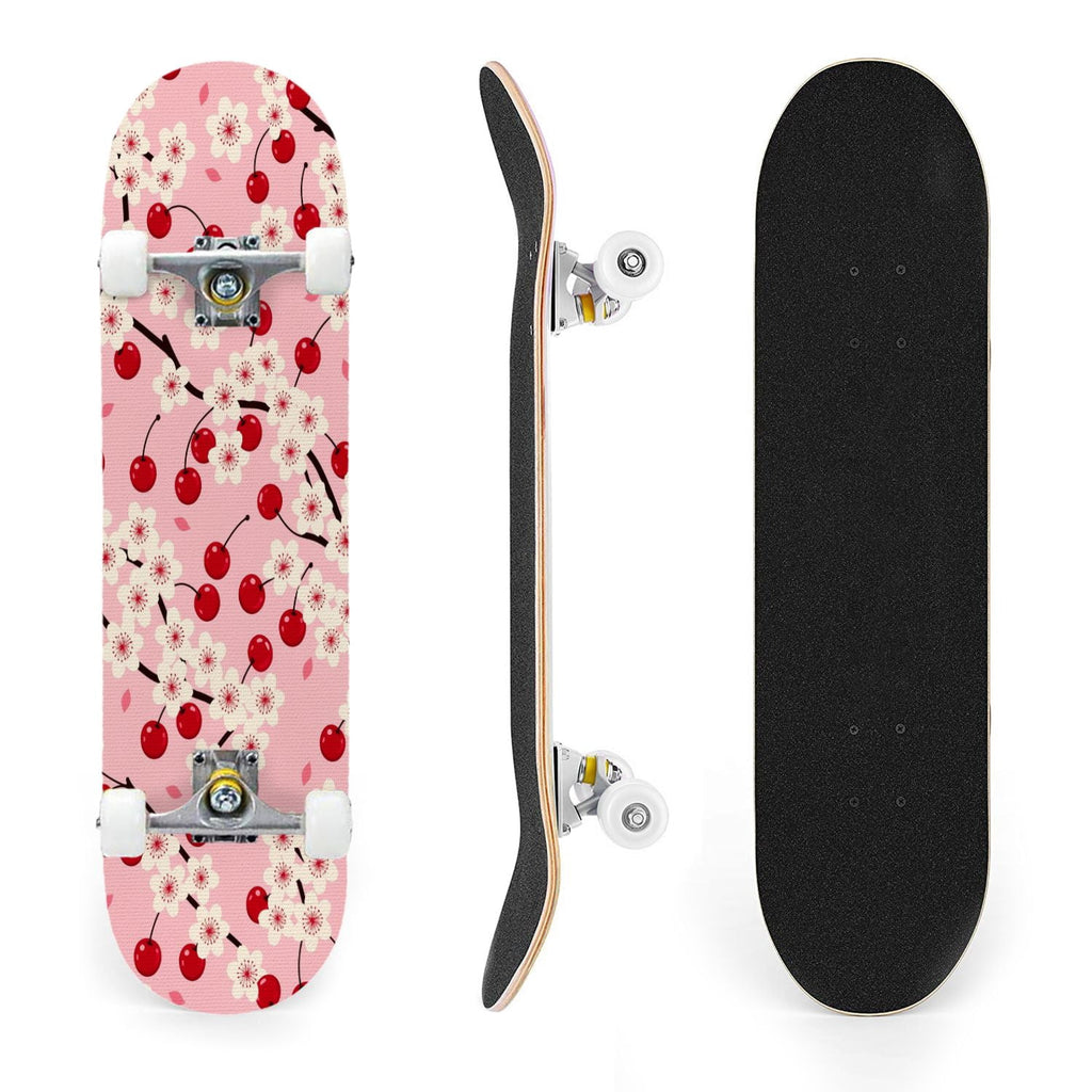 31"x8" Complete Skateboards for Beginners, Cherry Blossom Red Cherry Seamless Pink Botanical Double Kick 7 Ply Canadian Maple Deck Skateboard with Wheels, Gifts for Girls Teens