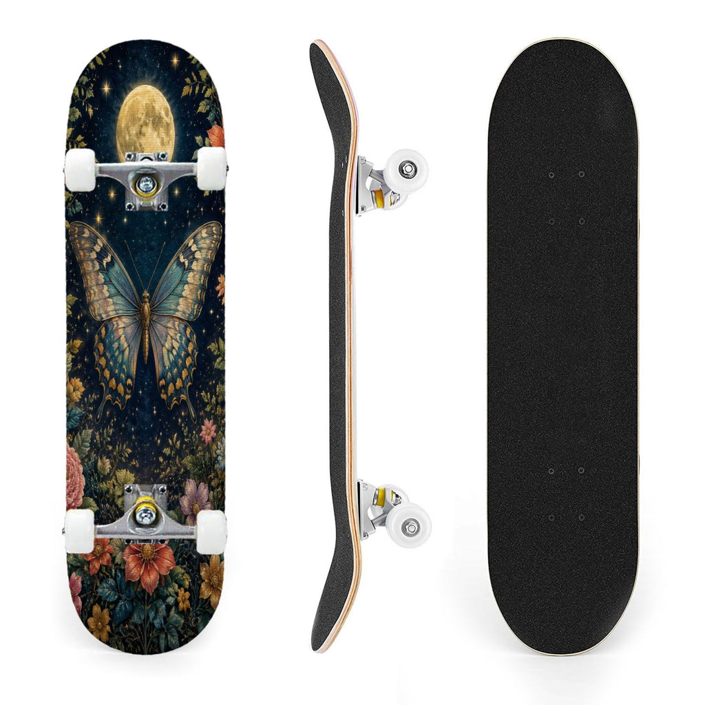 31"x8" Complete Skateboards for Beginners, Colorful Butterfly Blooming Flowers Under Full Moon Starry Double Kick 7 Ply Canadian Maple Deck Skateboard with Wheels, Gifts for Kids Teens