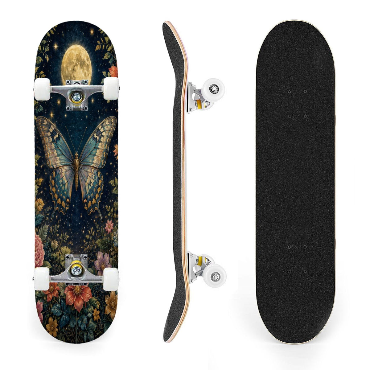31"x8" Complete Skateboards for Beginners, Colorful Butterfly Blooming Flowers Under Full Moon Starry Double Kick 7 Ply Canadian Maple Deck Skateboard with Wheels, Gifts for Kids Teens