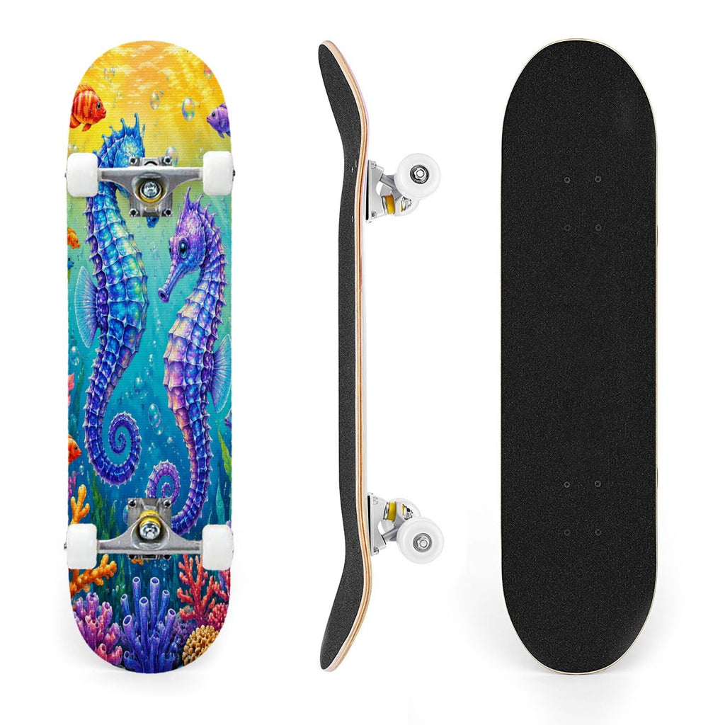 31"x8" Complete Skateboards for Beginners, Colorful Underwater Two Seahorses Coral Reefs Double Kick 7 Ply Canadian Maple Deck Skateboard with Wheels, Gifts for Kids Teens