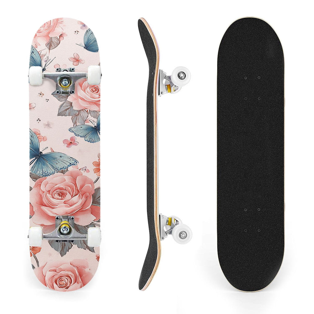 31"x8" Complete Skateboards for Beginners, Elegant Floral Pink Roses Blue Butterflies Double Kick 7 Ply Canadian Maple Deck Skateboard with Wheels, Gifts for Kids Teens