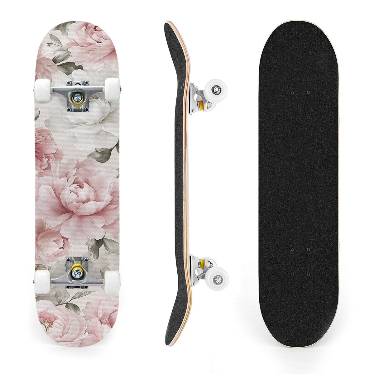 31"x8" Complete Skateboards for Beginners, Elegant Peony Floral Soft Pink White Tones Neutral Double Kick 7 Ply Canadian Maple Deck Skateboard with Wheels, Gifts for Kids Teens