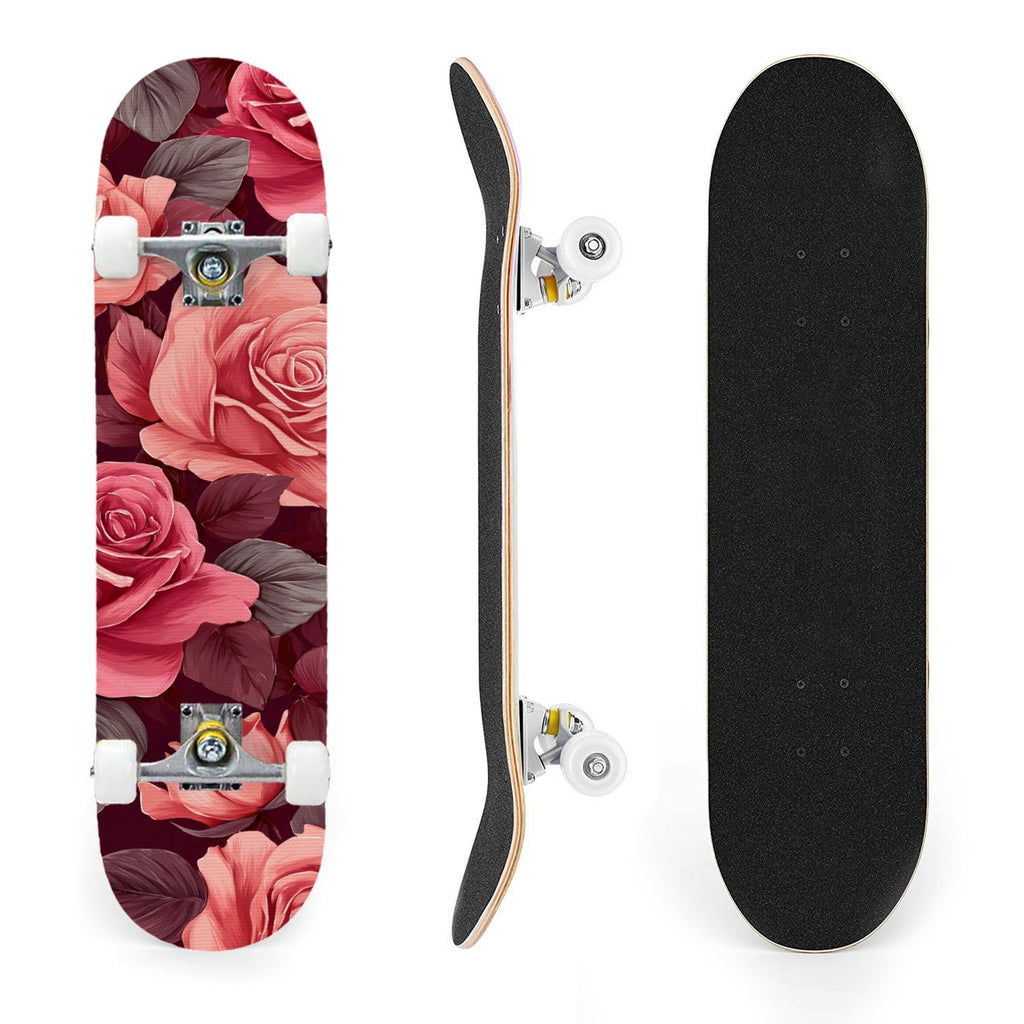 31"x8" Complete Skateboards for Beginners, Elegant Pink Red Roses Green Leaves Dark Double Kick 7 Ply Canadian Maple Deck Skateboard with Wheels, Gifts for Kids Teens