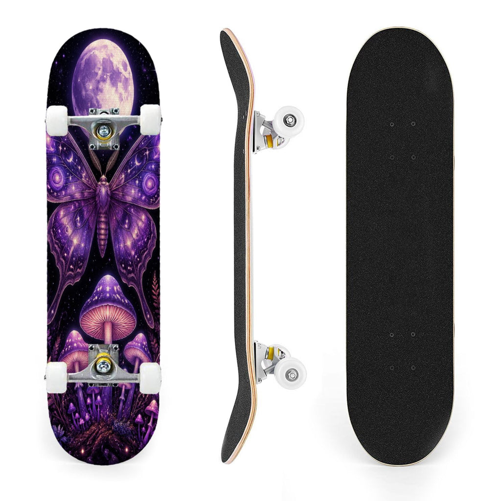 31"x8" Complete Skateboards for Beginners, Mystical Purple Butterfly Glowing Mushrooms Under Full Moon Double Kick 7 Ply Canadian Maple Deck Skateboard with Wheels, Gifts for Kids Teens