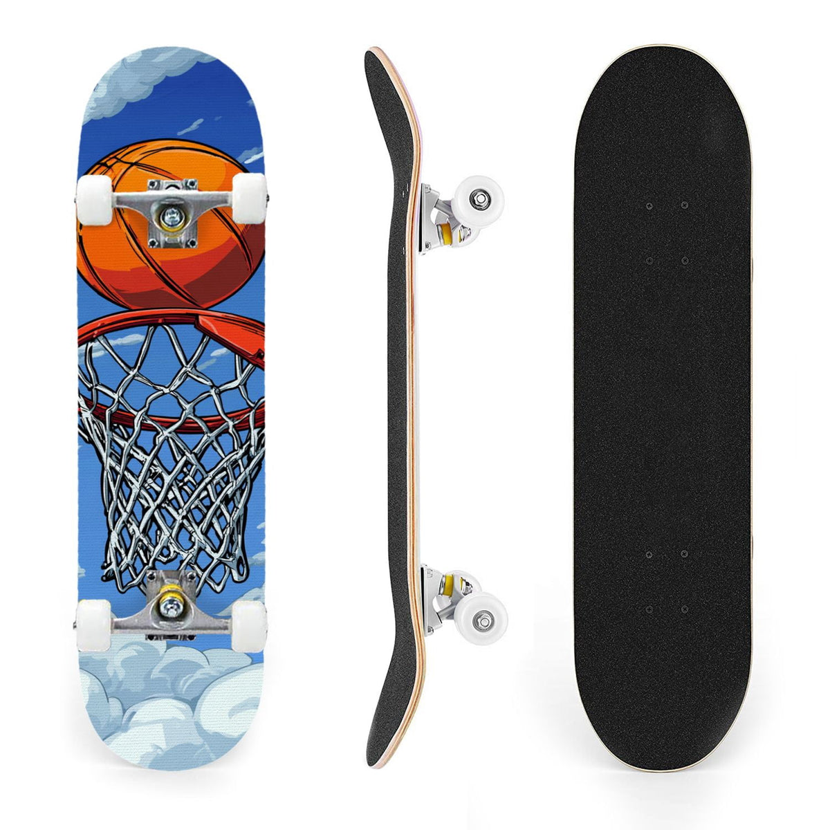 31"x8" Complete Skateboards for Beginners,Orange Basketball Hoop Blue Sky Clouds Double Kick 7 Ply Canadian Maple Deck Skateboard with Wheels, Gifts for Kids Teens