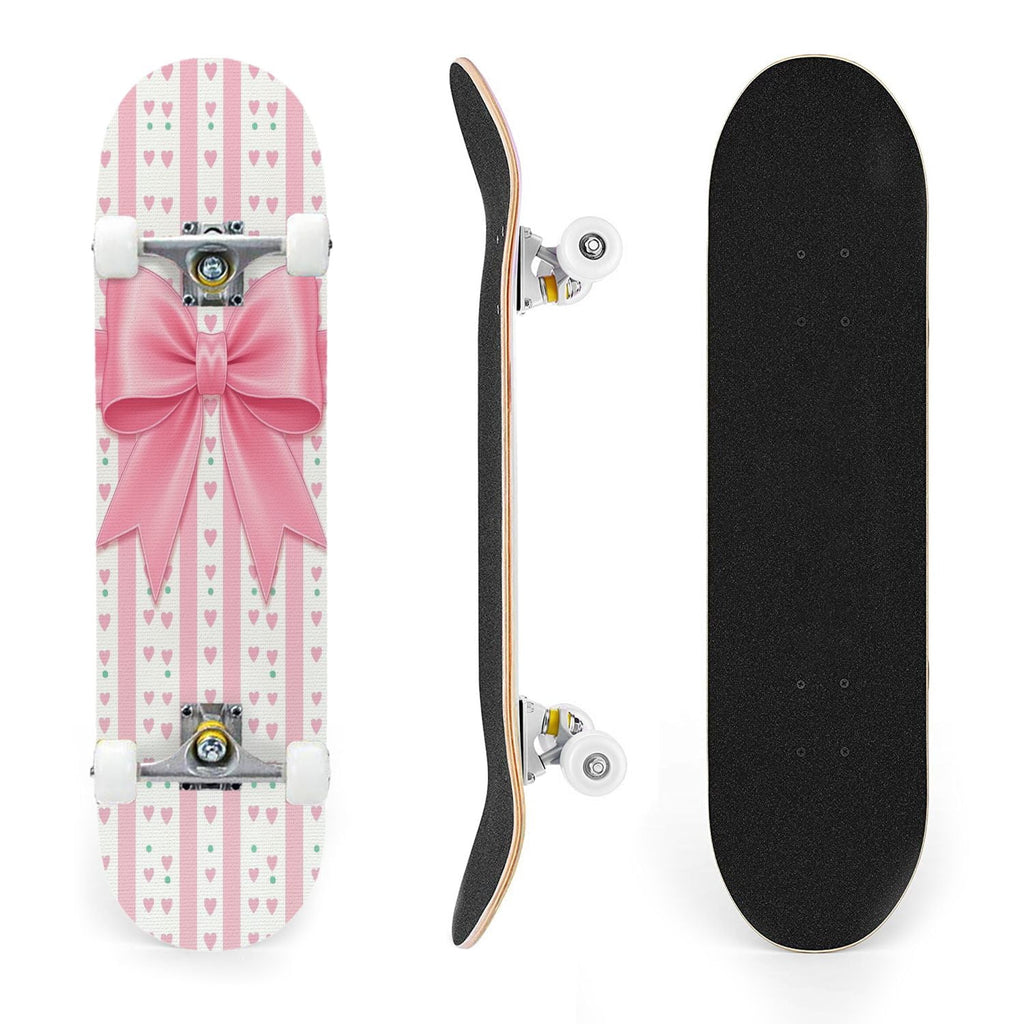 31"x8" Complete Skateboards for Beginners, Pink Bow Heart Vertical Stripes Romantic Double Kick 7 Ply Canadian Maple Deck Skateboard with Wheels, Gifts for Kids Teens