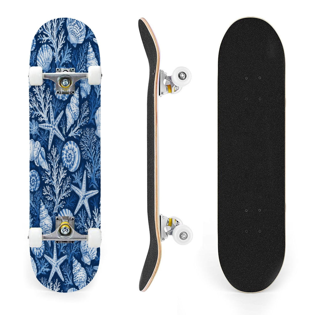 31"x8" Complete Skateboards for Beginners, Seashell Starfish Blue White Nautical Marine Life Double Kick 7 Ply Canadian Maple Deck Skateboard with Wheels, Gifts for Kids Teens