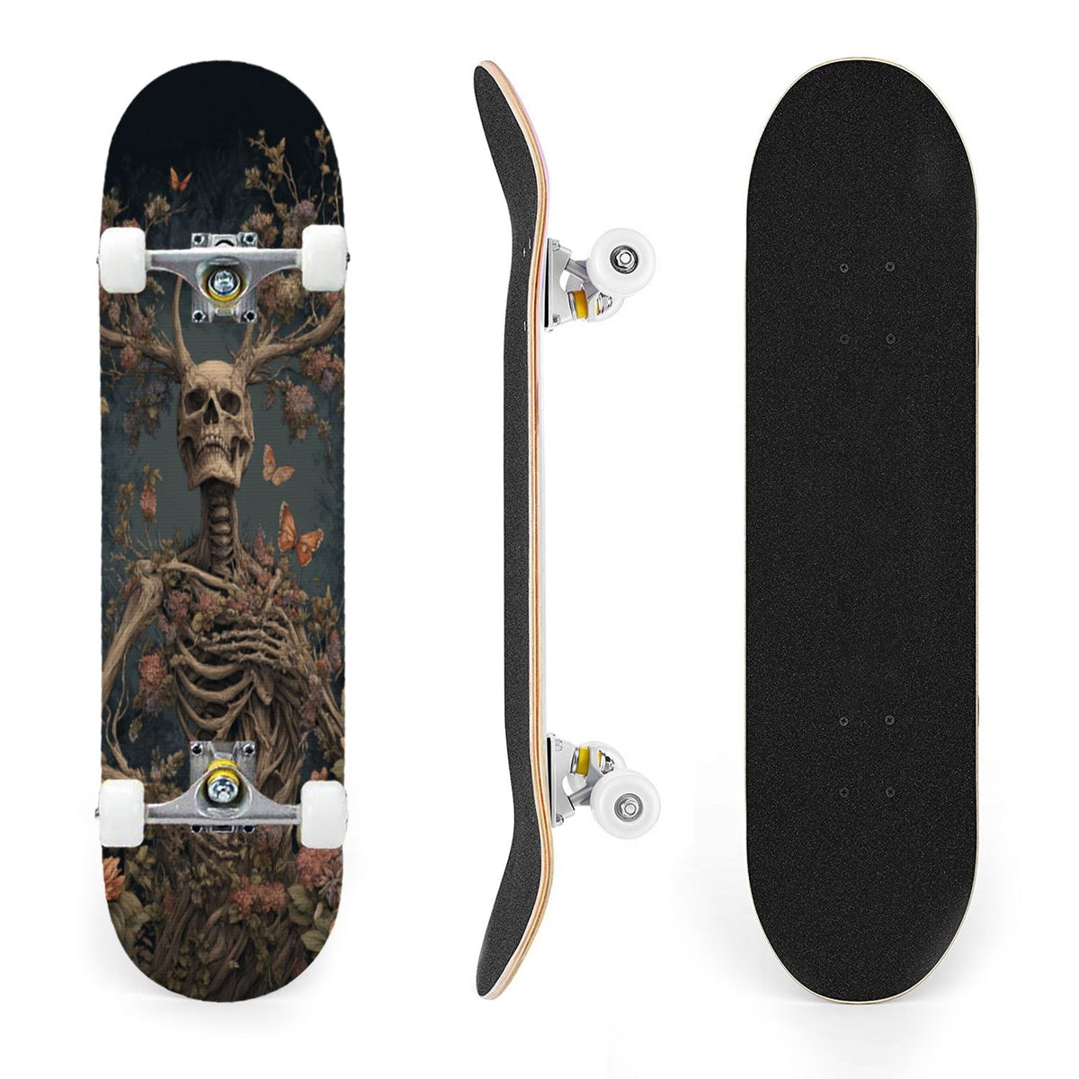 31"x8" Complete Skateboards for Beginners, Skeleton Tree Figure Antler Branches Dark Academia Flowers Double Kick 7 Ply Canadian Maple Deck Skateboard with Wheels, Gifts for Kids Teens