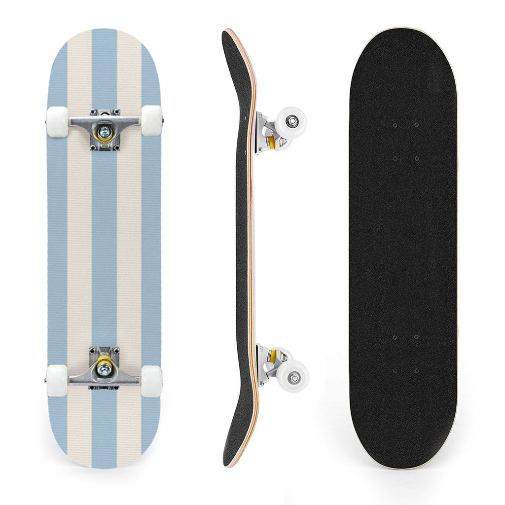 31"x8" Complete Skateboards for Beginners, Soft Blue Cream Striped Design Double Kick 7 Ply Canadian Maple Deck Skateboard with Wheels, Gifts for Kids Teens