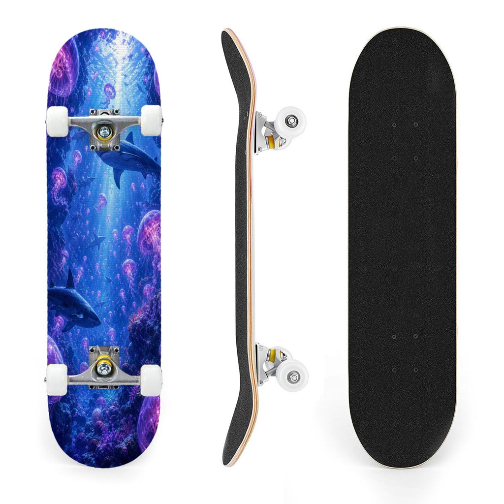 31"x8" Complete Skateboards for Beginners, Underwater Sharks Glowing Purple Jellyfish Marine Life Double Kick 7 Ply Canadian Maple Deck Skateboard with Wheels, Gifts for Kids Teens