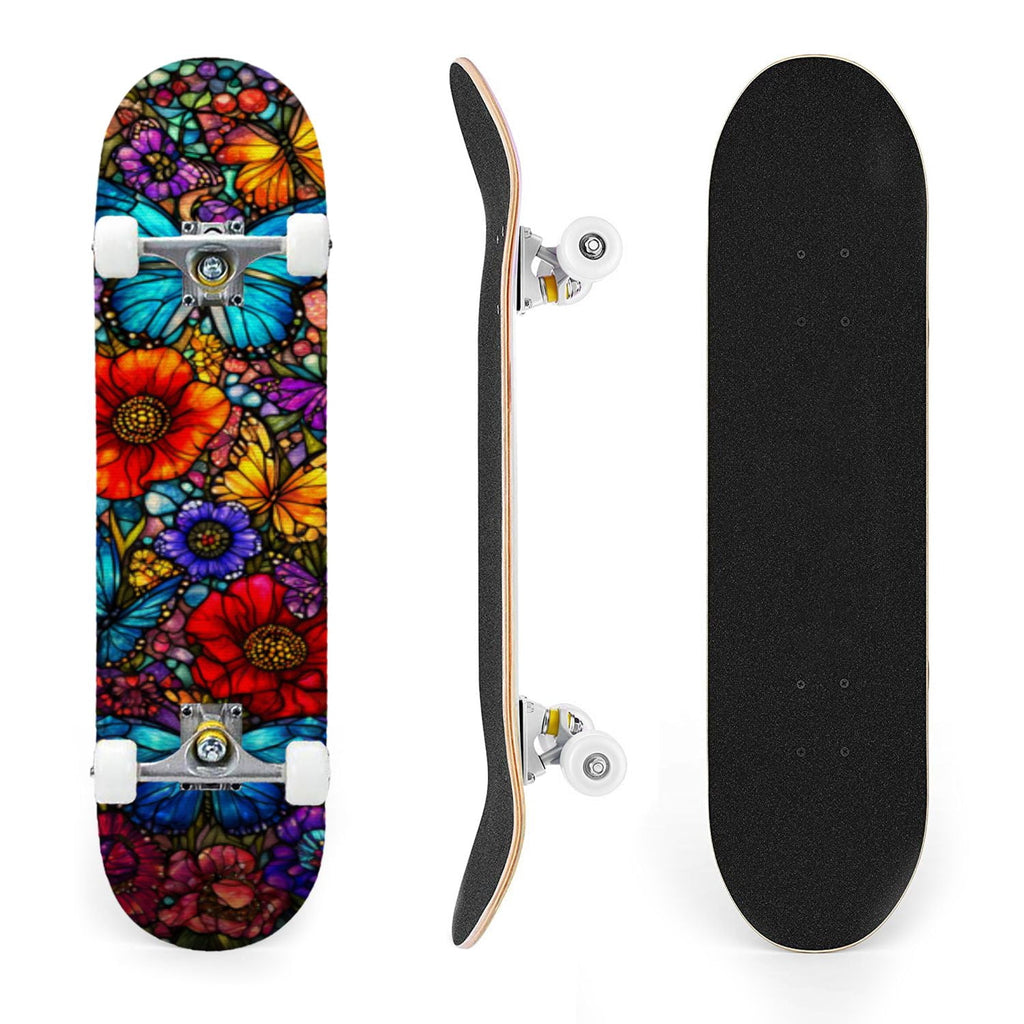 31"x8" Complete Skateboards for Beginners, Vibrant Stained Glass Window Butterflies Flowers Double Kick 7 Ply Canadian Maple Deck Skateboard with Wheels, Gifts for Kids Teens