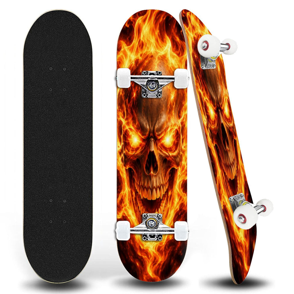 31"x8" Flaming Skull fire Complete Skateboard for Beginners Glowing Eyes Fire Skeleton Dark 7 Layer Maple Deck Double Kick Kids Skateboard with 85A PU Wheels Gifts for Kids Teens