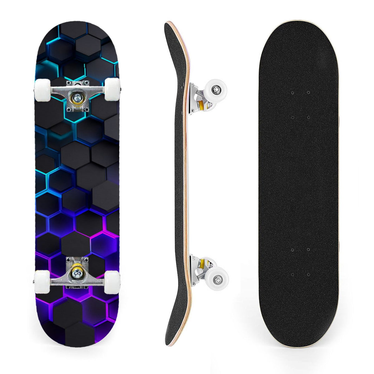 31"x8" Complete Skateboards for Beginners,Geometric Hexagon Glowing Neon Blue Purple Double Kick 7 Ply Canadian Maple Deck Skateboard with Wheels, Gifts for Kids Teens