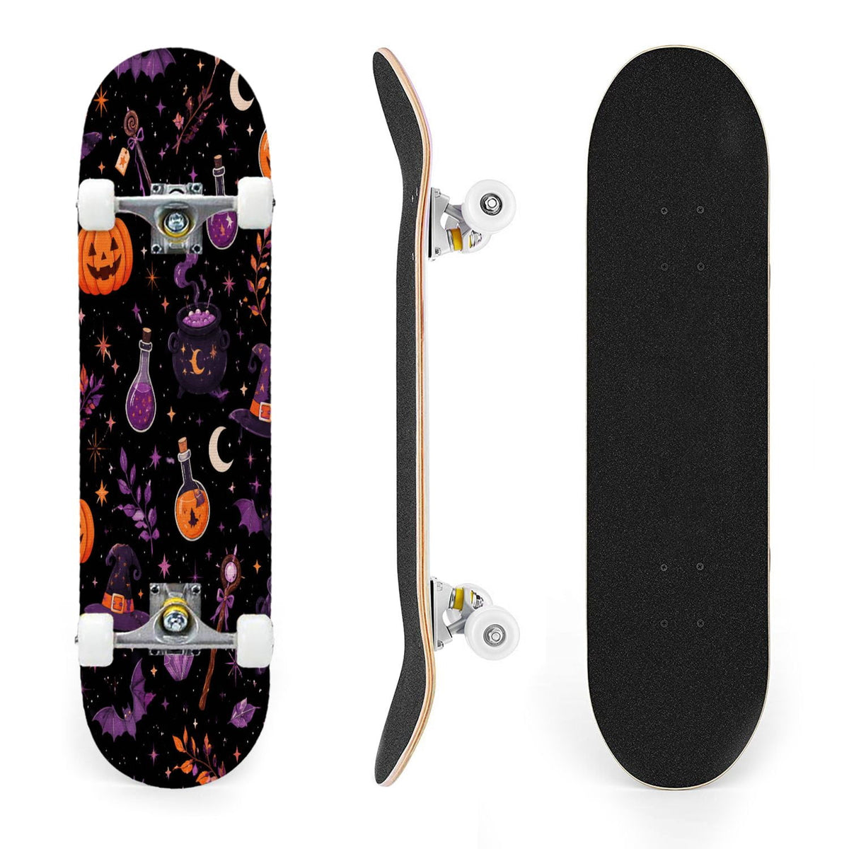 31"x8" Complete Skateboards for Beginners,Halloween Themed Pumpkins Witch Hats Spooky Double Kick 7 Ply Canadian Maple Deck Skateboard with Wheels, Gifts for Kids Teens