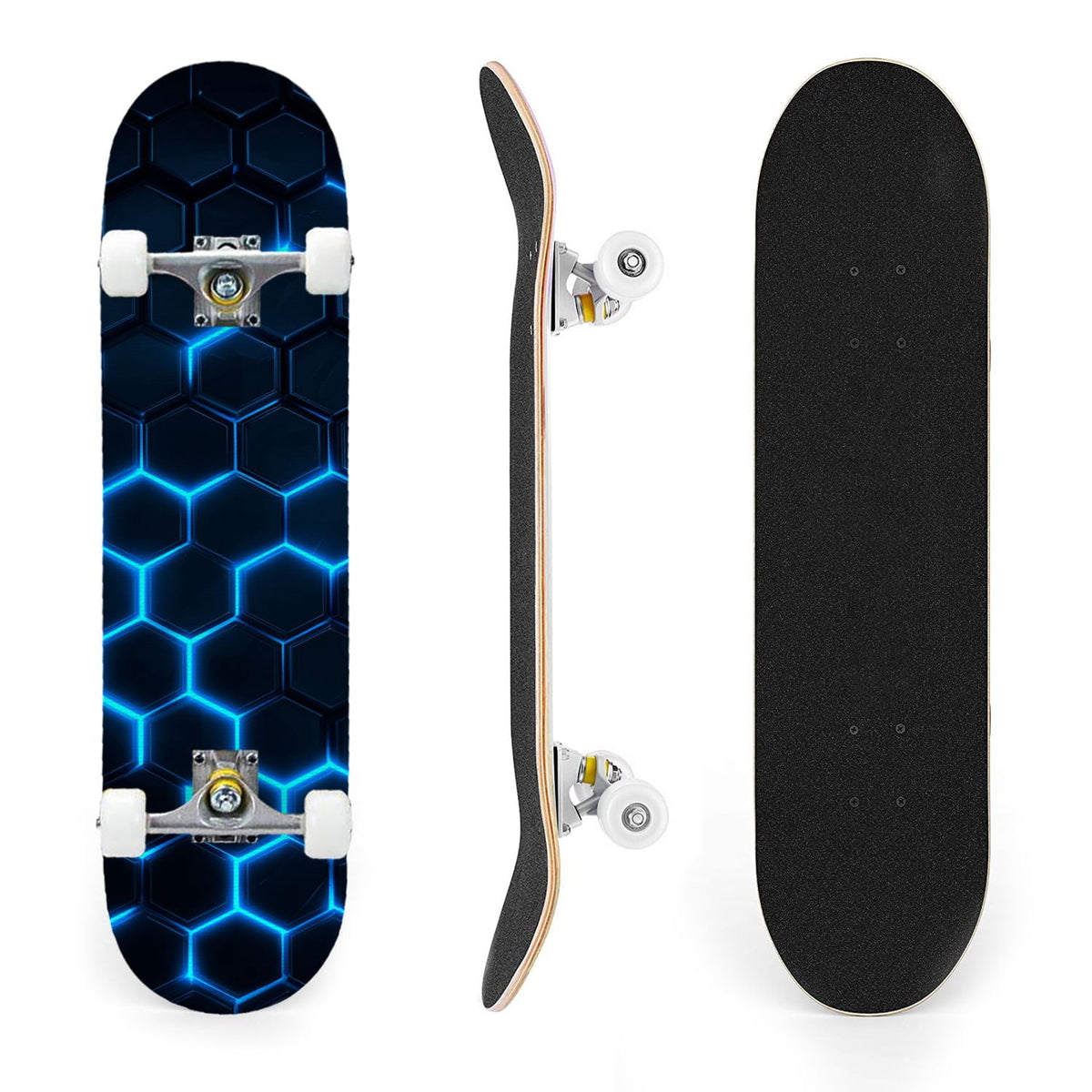31"x8" Complete Skateboards for Beginners,Hexagon neon blue glow futuristic Double Kick 7 Ply Canadian Maple Deck Skateboard with Wheels, Gifts for Kids Teens