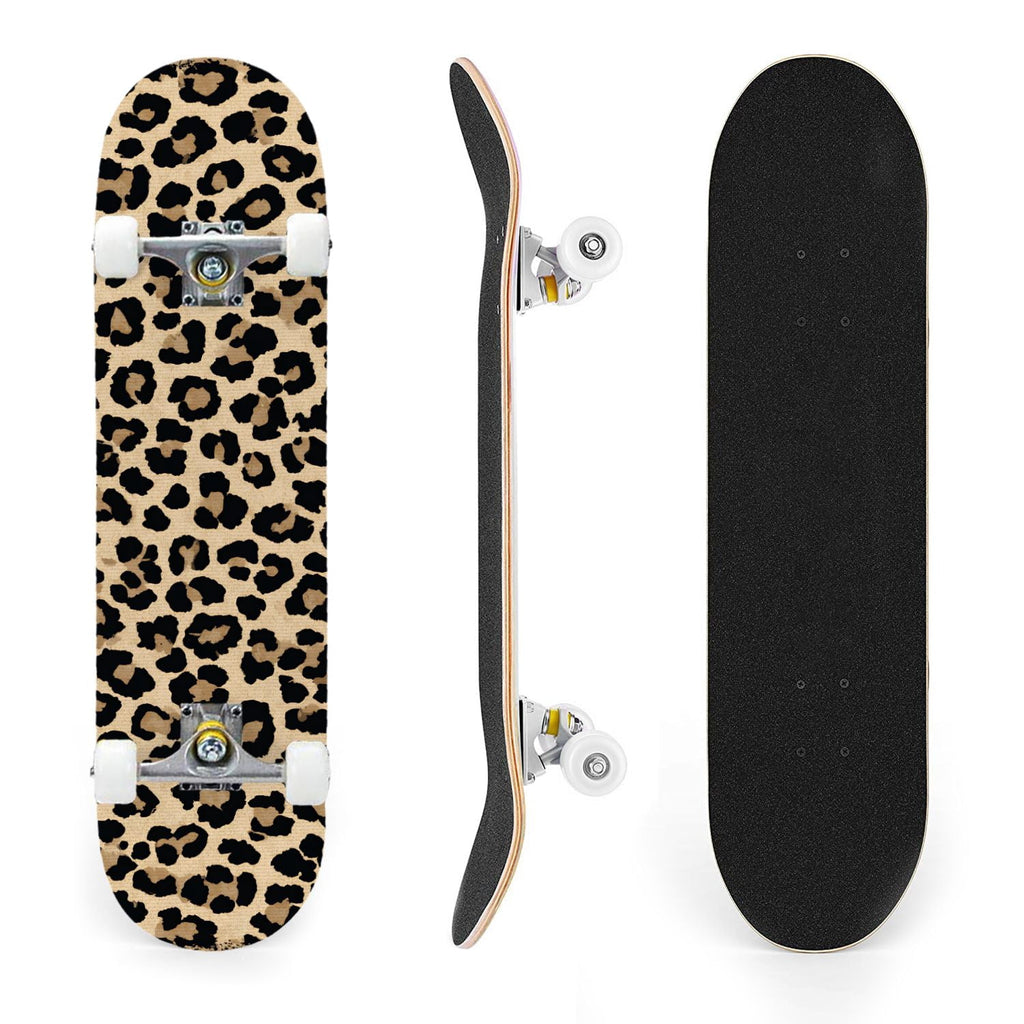 31"x8" Complete Skateboards for Beginners,Leopard Print Black Brown Beige Double Kick 7 Ply Canadian Maple Deck Skateboard with Wheels, Gifts for Kids Teens