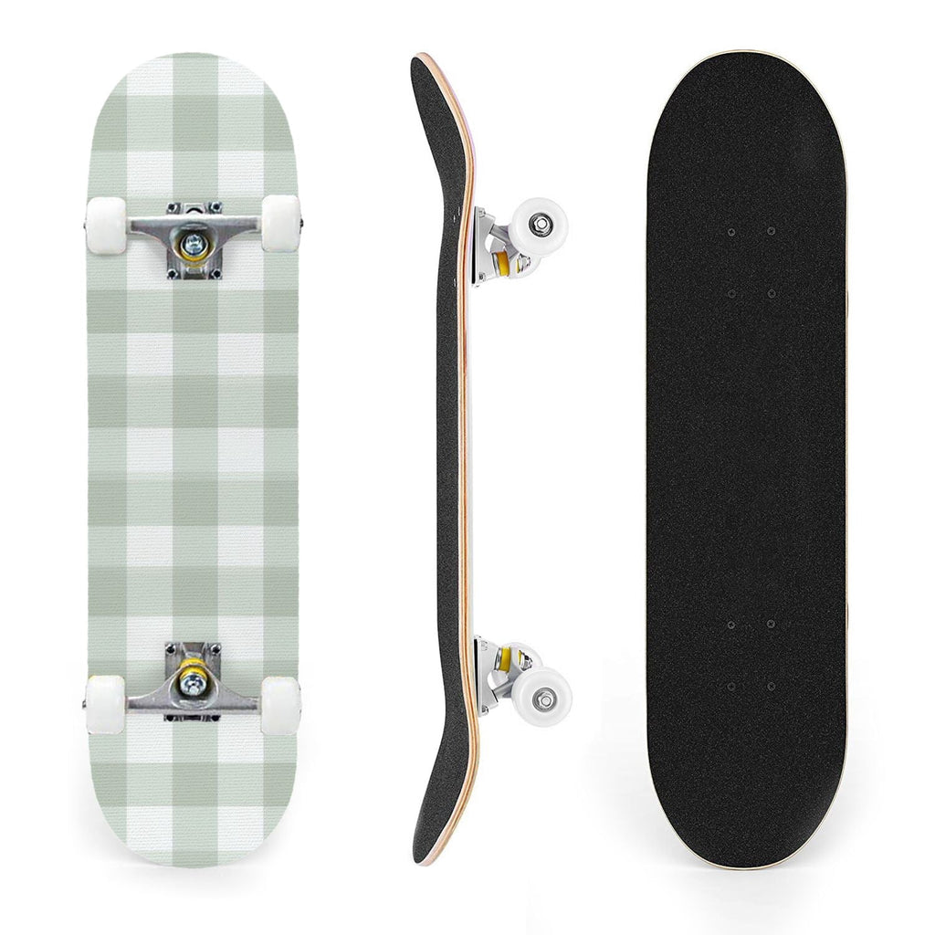 31"x8" Complete Skateboards for Beginners,Light Green White Gingham Checkered Double Kick 7 Ply Canadian Maple Deck Skateboard with Wheels, Gifts for Kids Teens