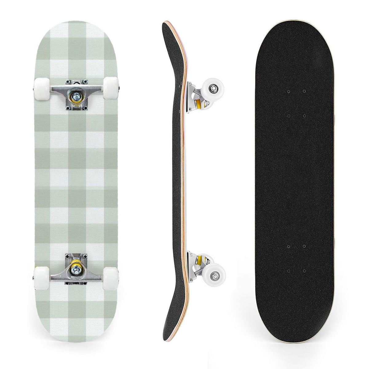 31"x8" Complete Skateboards for Beginners,Light Green White Gingham Checkered Double Kick 7 Ply Canadian Maple Deck Skateboard with Wheels, Gifts for Kids Teens