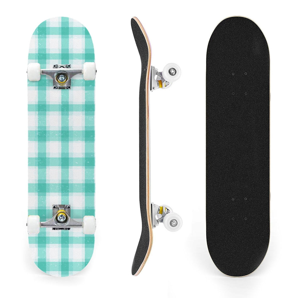 31"x8" Complete Skateboards for Beginners,Mint Green White Plaid Tartan Subtle Double Kick 7 Ply Canadian Maple Deck Skateboard with Wheels, Gifts for Kids Teens