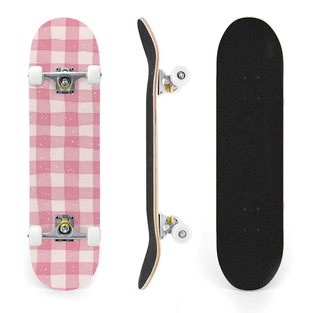31"x8" Complete Skateboards for Beginners,Pink White Gingham Checkered Subtle Double Kick 7 Ply Canadian Maple Deck Skateboard with Wheels, Gifts for Kids Teens