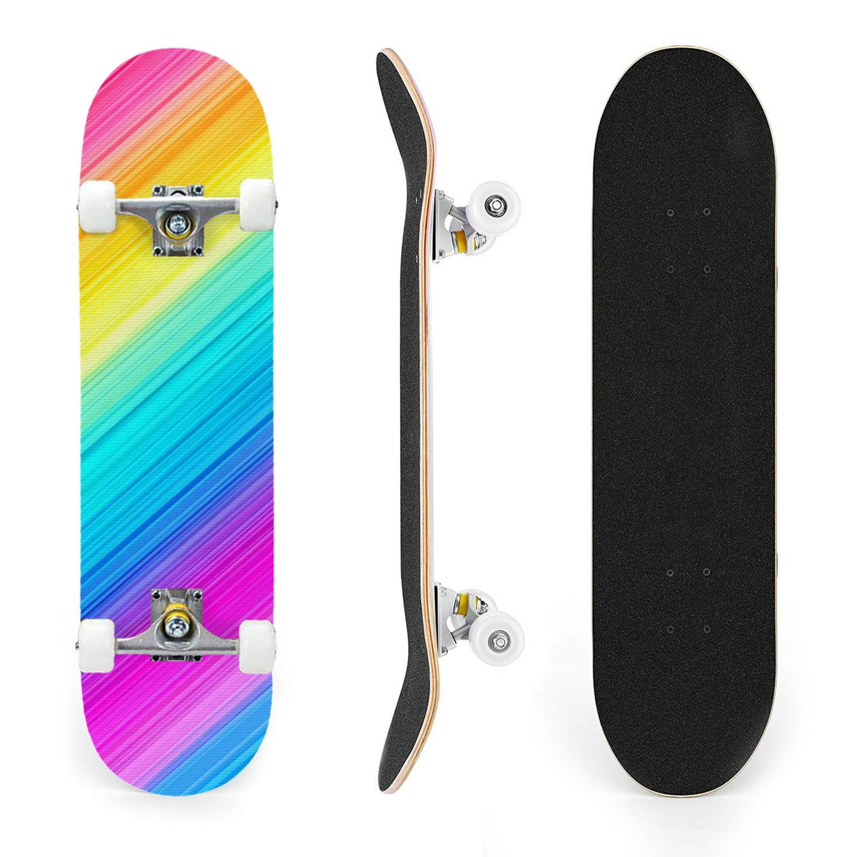 31"x8" Complete Skateboards for Beginners,Vibrant Diagonal Rainbow Gradient Abstract Art Double Kick 7 Ply Canadian Maple Deck Skateboard with Wheels, Gifts for Kids Teens