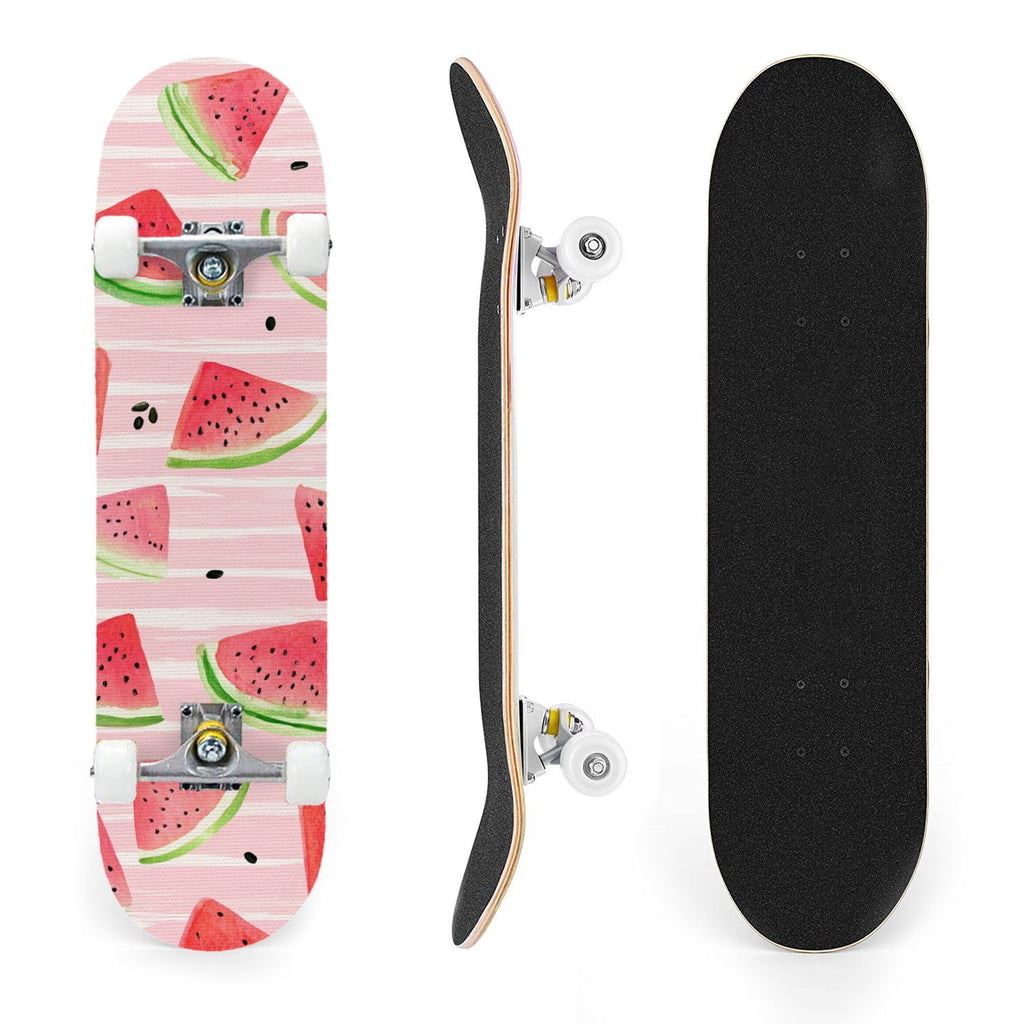 31"x8" Complete Skateboards for Beginners,Watercolor Watermelon Slices Pink Striped Double Kick 7 Ply Canadian Maple Deck Skateboard with Wheels, Gifts for Kids Teens
