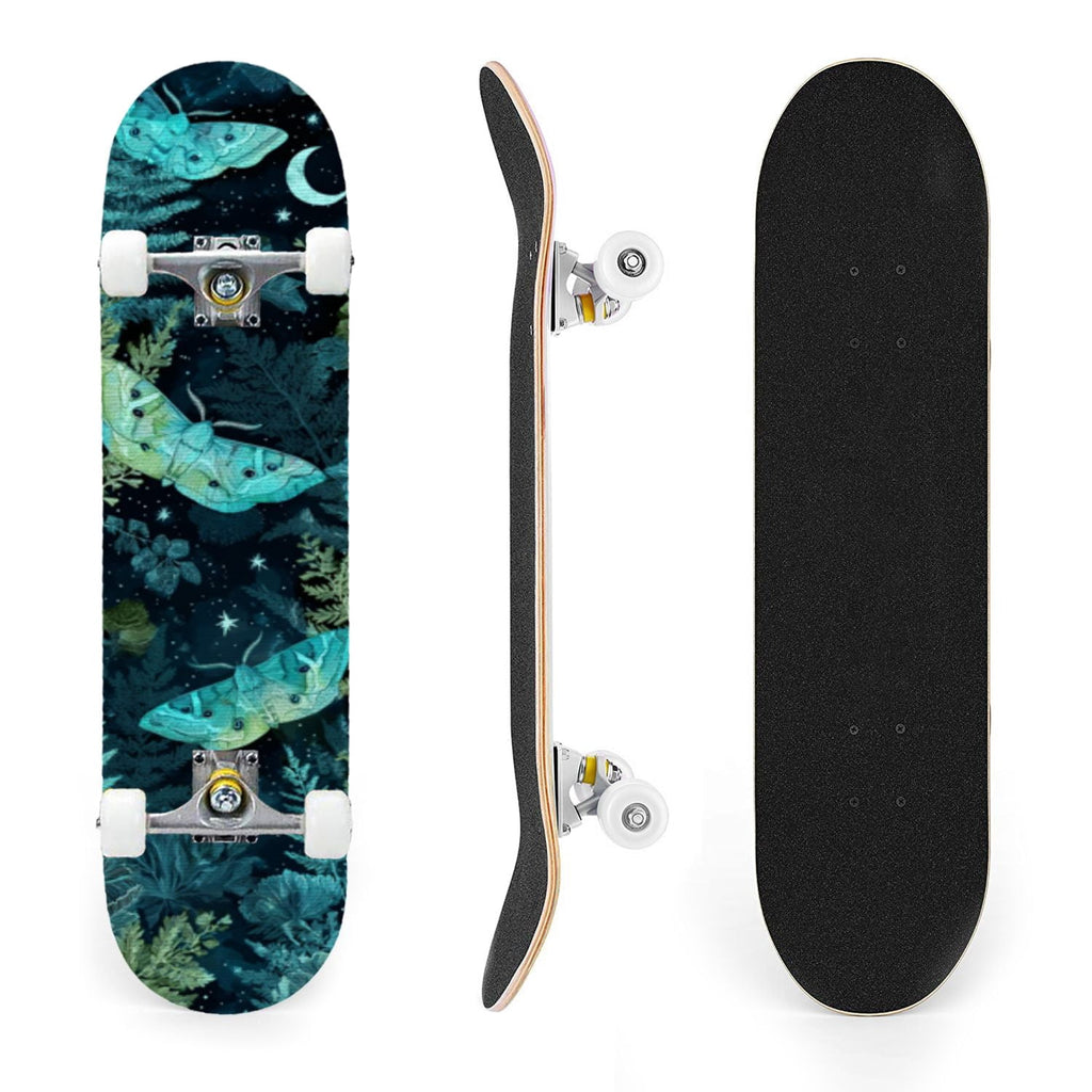 31"x8" Complete Skateboards for Beginners,Whimsical Blue Butterflies Green Foliage Dark Night Fantasy Double Kick 7 Ply Canadian Maple Deck Skateboard with Wheels, Gifts for Kids Teens