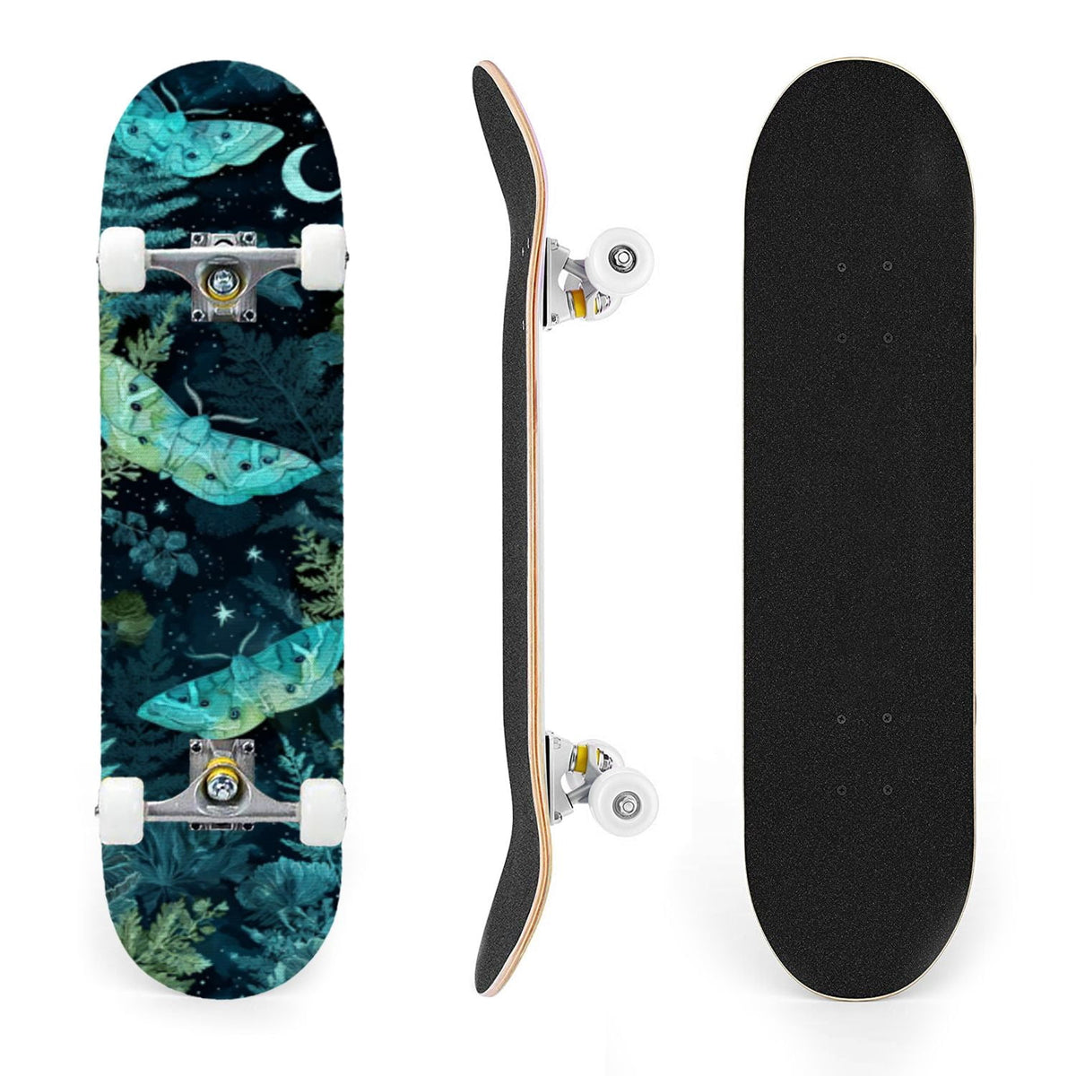 31"x8" Complete Skateboards for Beginners,Whimsical Blue Butterflies Green Foliage Dark Night Fantasy Double Kick 7 Ply Canadian Maple Deck Skateboard with Wheels, Gifts for Kids Teens
