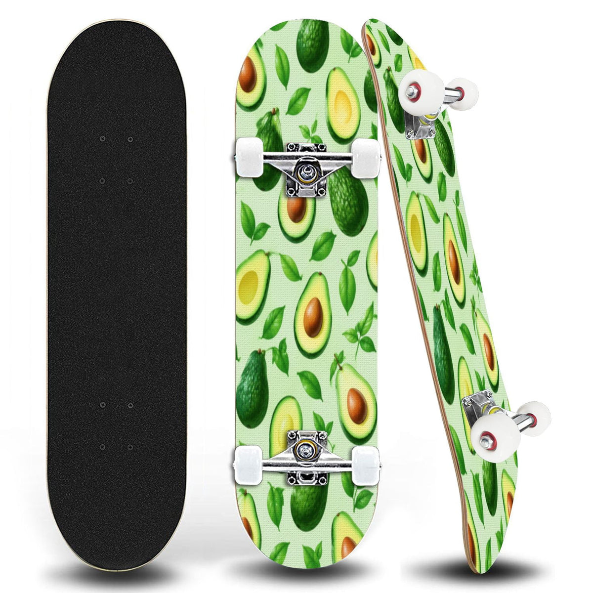 31"x8" sliced avocado Complete Skateboard for Beginners whole bright green seamless 7 Layer Maple Deck Double Kick Kids Skateboard with 85A PU Wheels Gifts for Kids Teens