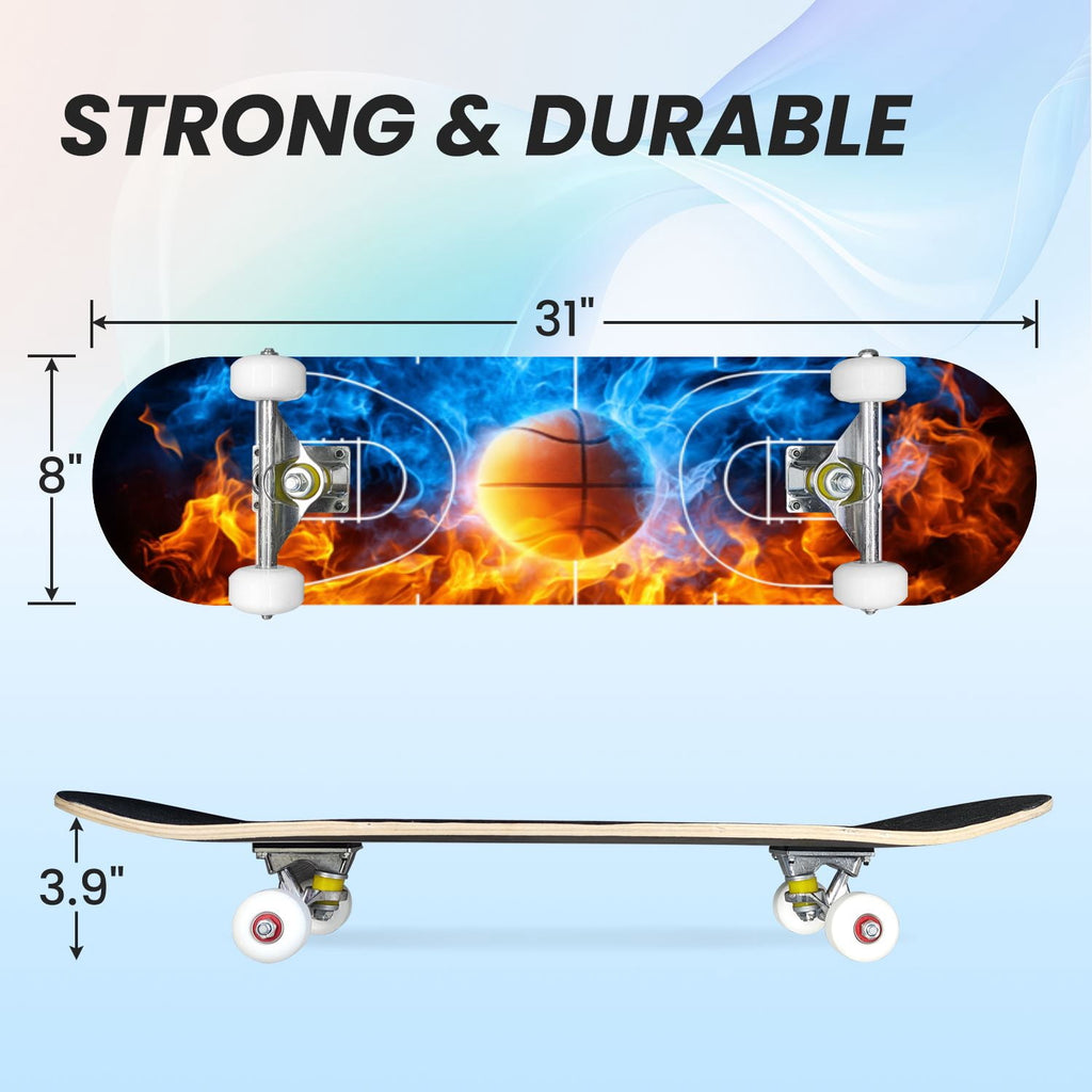 31"x8" Complete Skateboards for Beginners,Vintage Baseball Worn Red Stitches Rustic Double Kick 7 Ply Canadian Maple Deck Skateboard with Wheels, Sports Gifts for Kids Teens