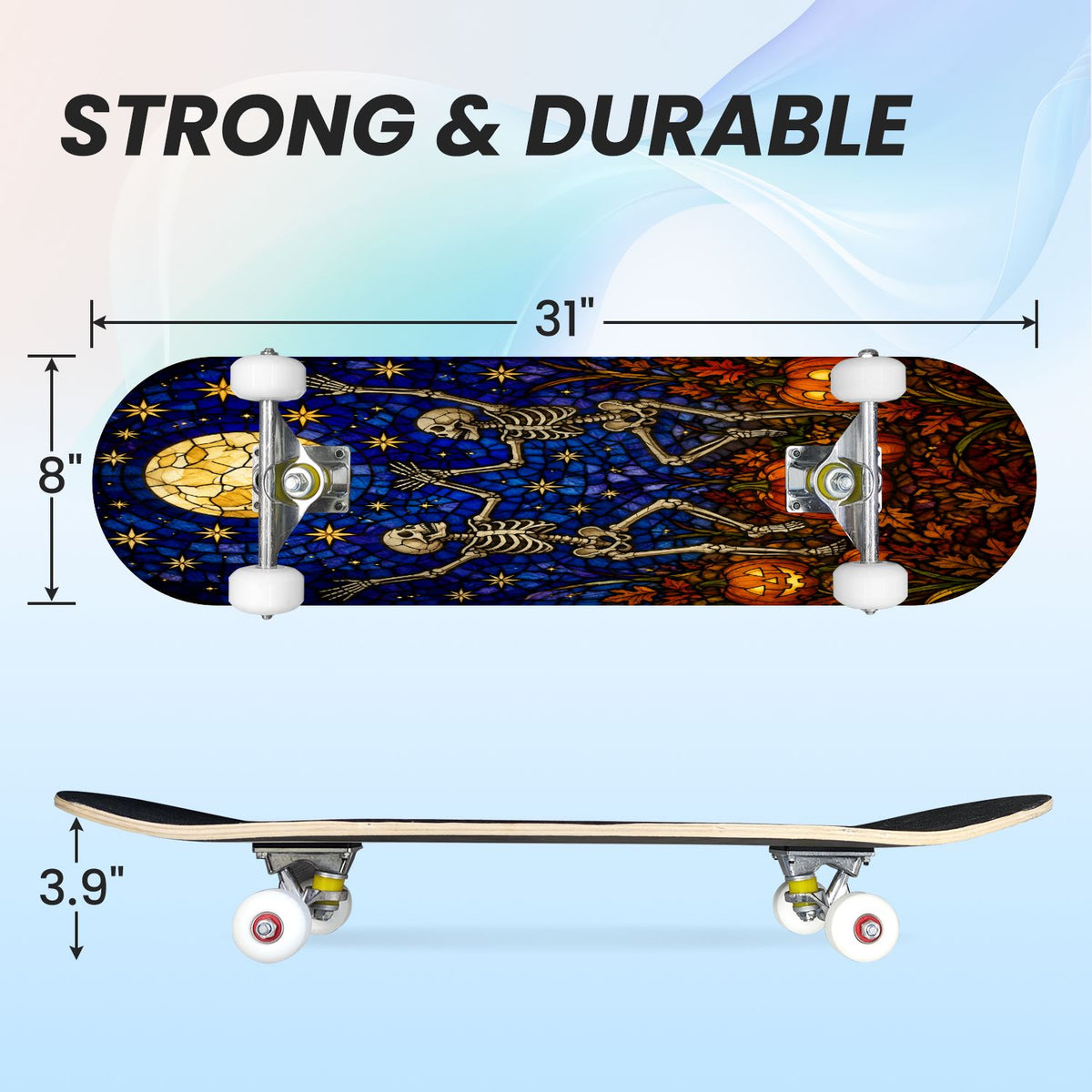 31"x8" Complete Skateboards for Beginners, Colorful Sugar Skull Vibrant Floral Day of the Dead Double Kick 7 Ply Canadian Maple Deck Skateboard with Wheels, Gifts for Kids Teens
