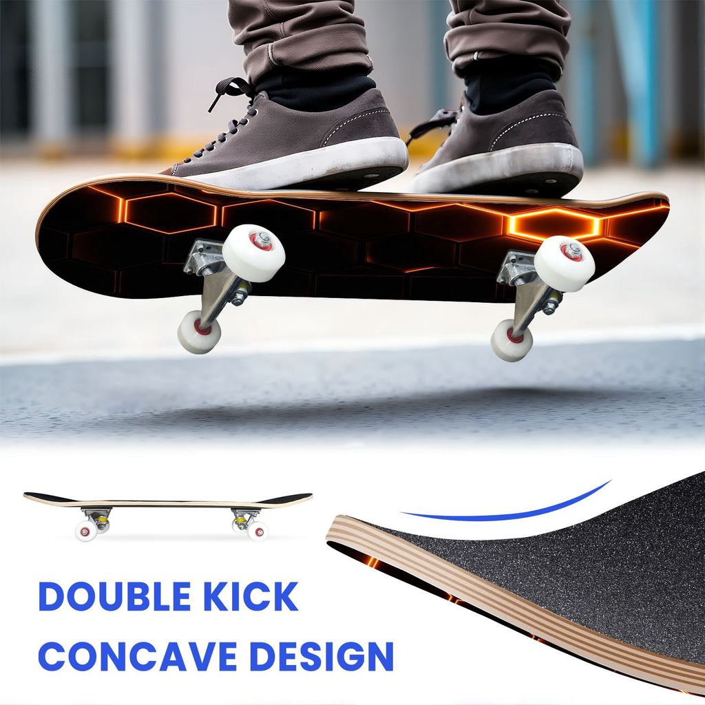 31"x8" Complete Skateboards for Beginners, Honeycomb Futuristic Hexagonal Neon Glowing Orange Light Double Kick 7 Ply Canadian Maple Deck Skateboard with Wheels, Gifts for Kids Teens