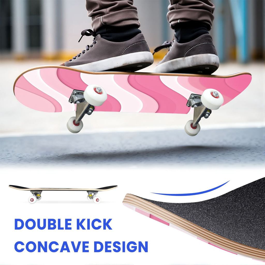 31"x8" Complete Skateboards for Beginners, Cherry Blossom Red Cherry Seamless Pink Botanical Double Kick 7 Ply Canadian Maple Deck Skateboard with Wheels, Gifts for Girls Teens