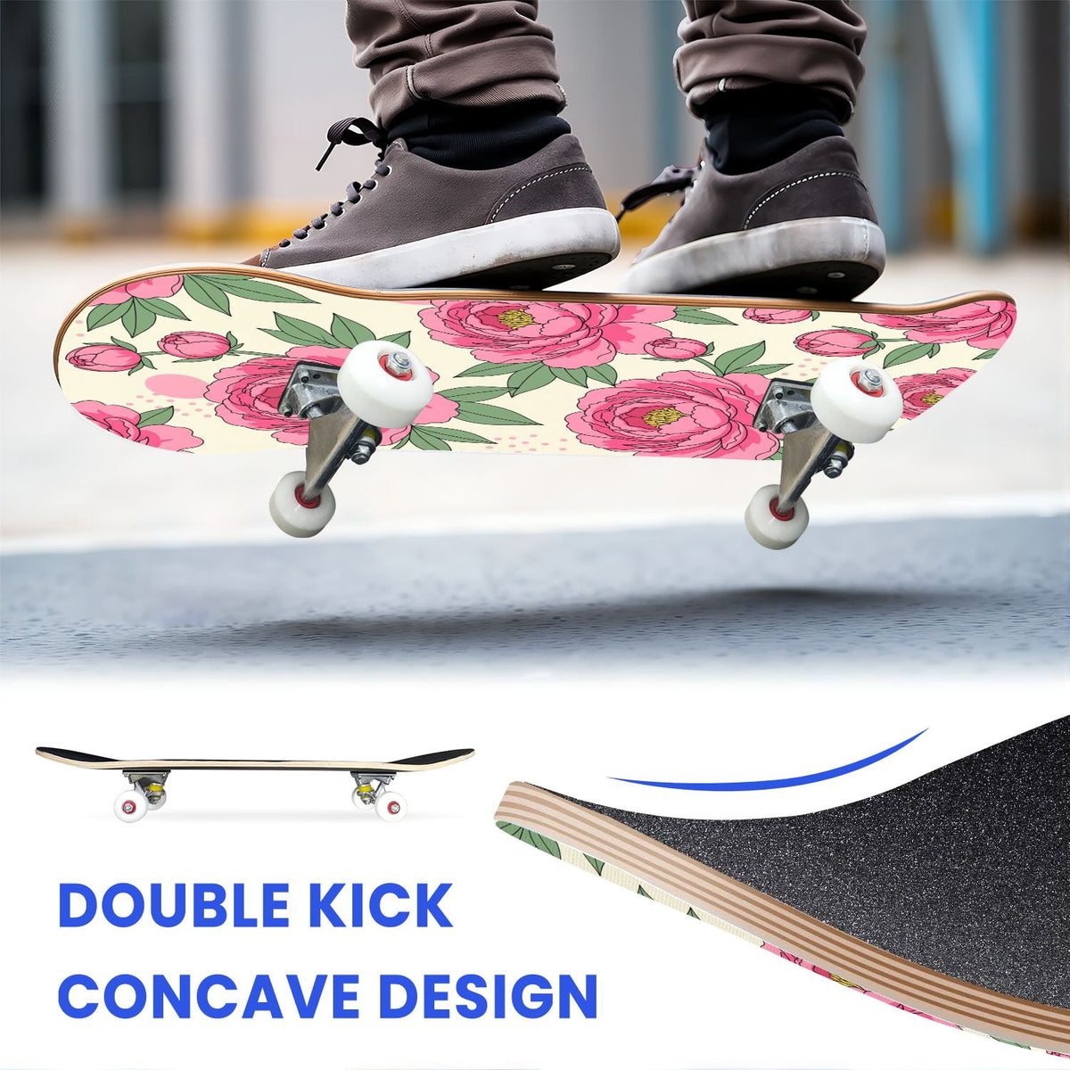 31"x8" Complete Skateboards for Beginners, Cherry Blossom Red Cherry Seamless Pink Botanical Double Kick 7 Ply Canadian Maple Deck Skateboard with Wheels, Gifts for Girls Teens